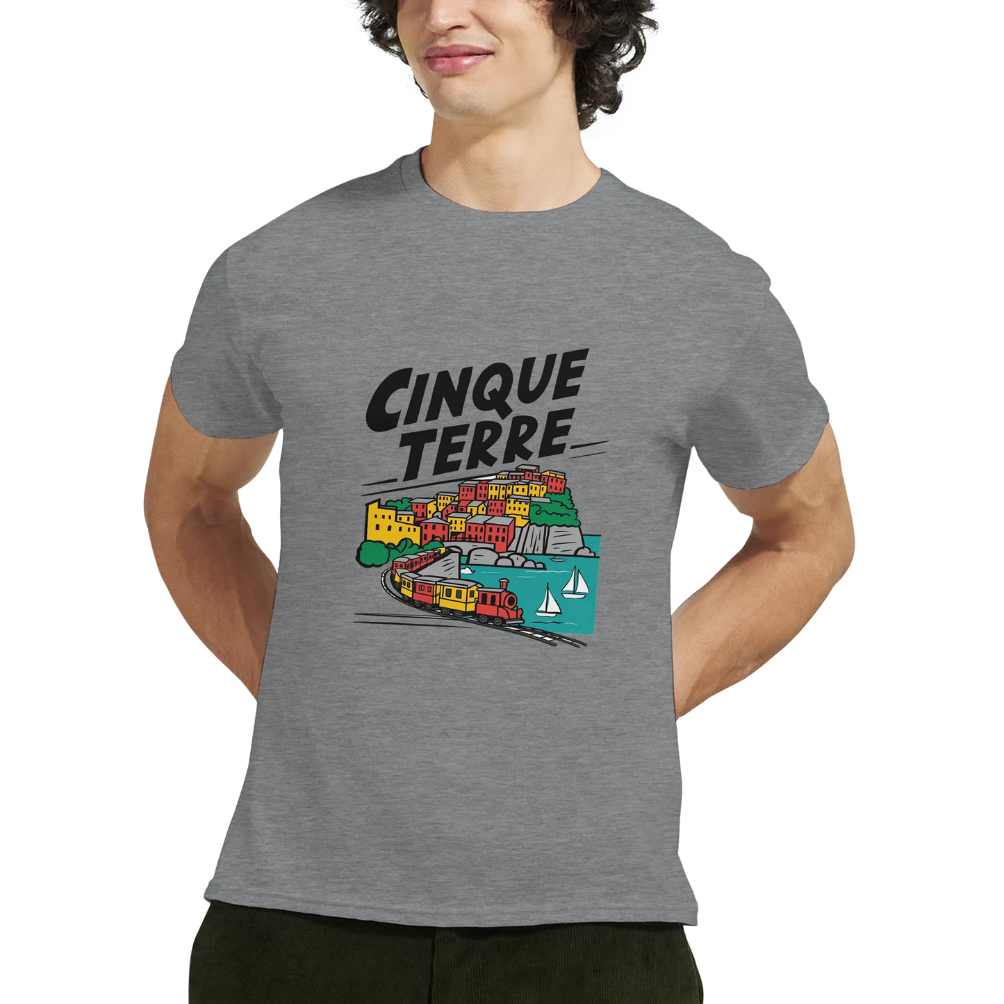 Cinque Terre Italy Unisex Travel T-Shirt featuring a man perfect for travelers and gift seekers