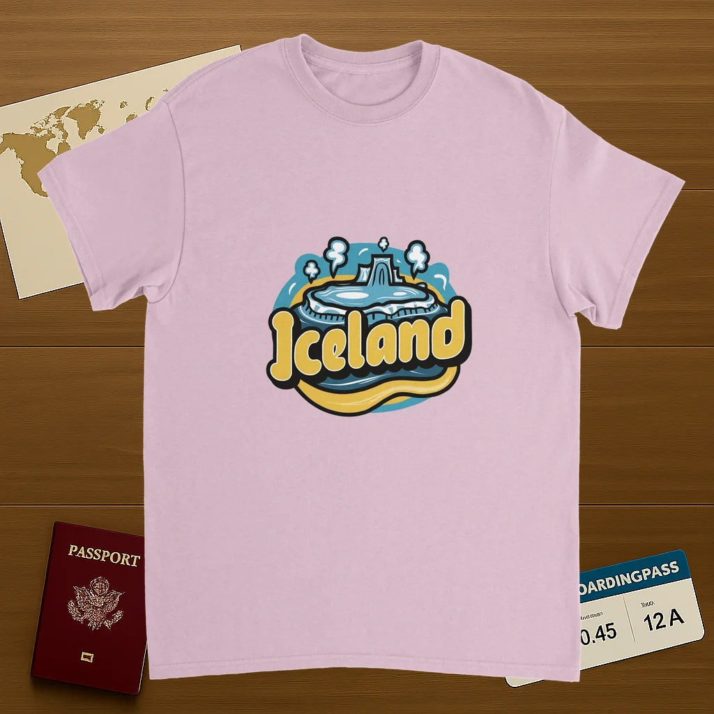 light pink Iceland Unisex Travel T-Shirt on wooden background with world map, passport, and boarding pass