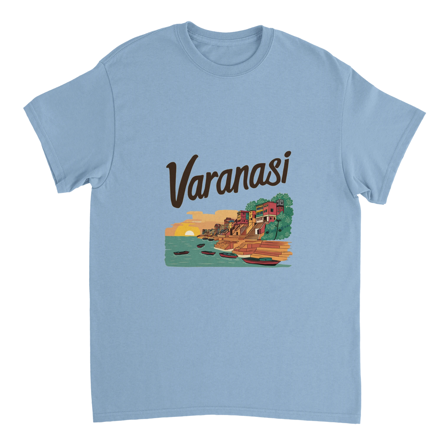light blue Varanasi India Unisex Travel T-Shirt perfect for travelers and gift seekers