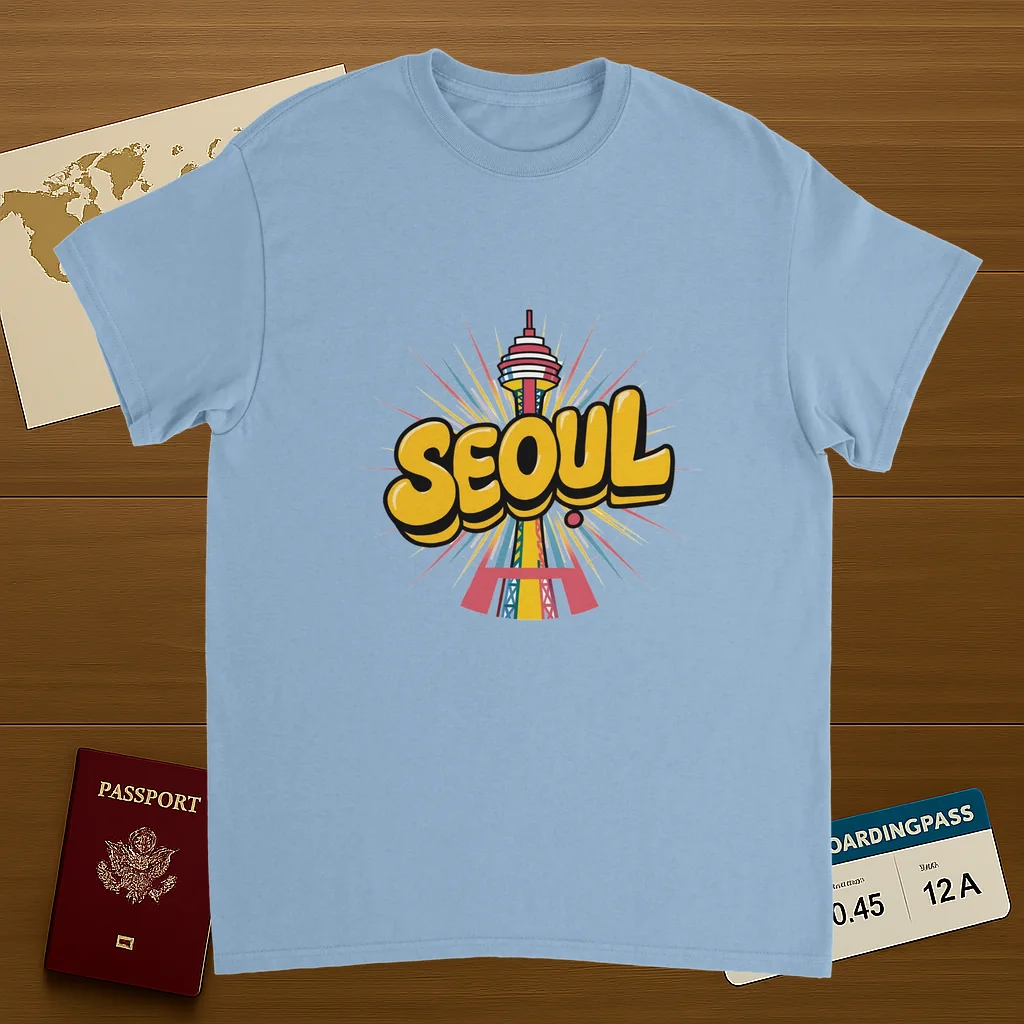 light blue Seoul South Korea Unisex Travel T-Shirt on wooden background with world map, passport, and boarding pass
