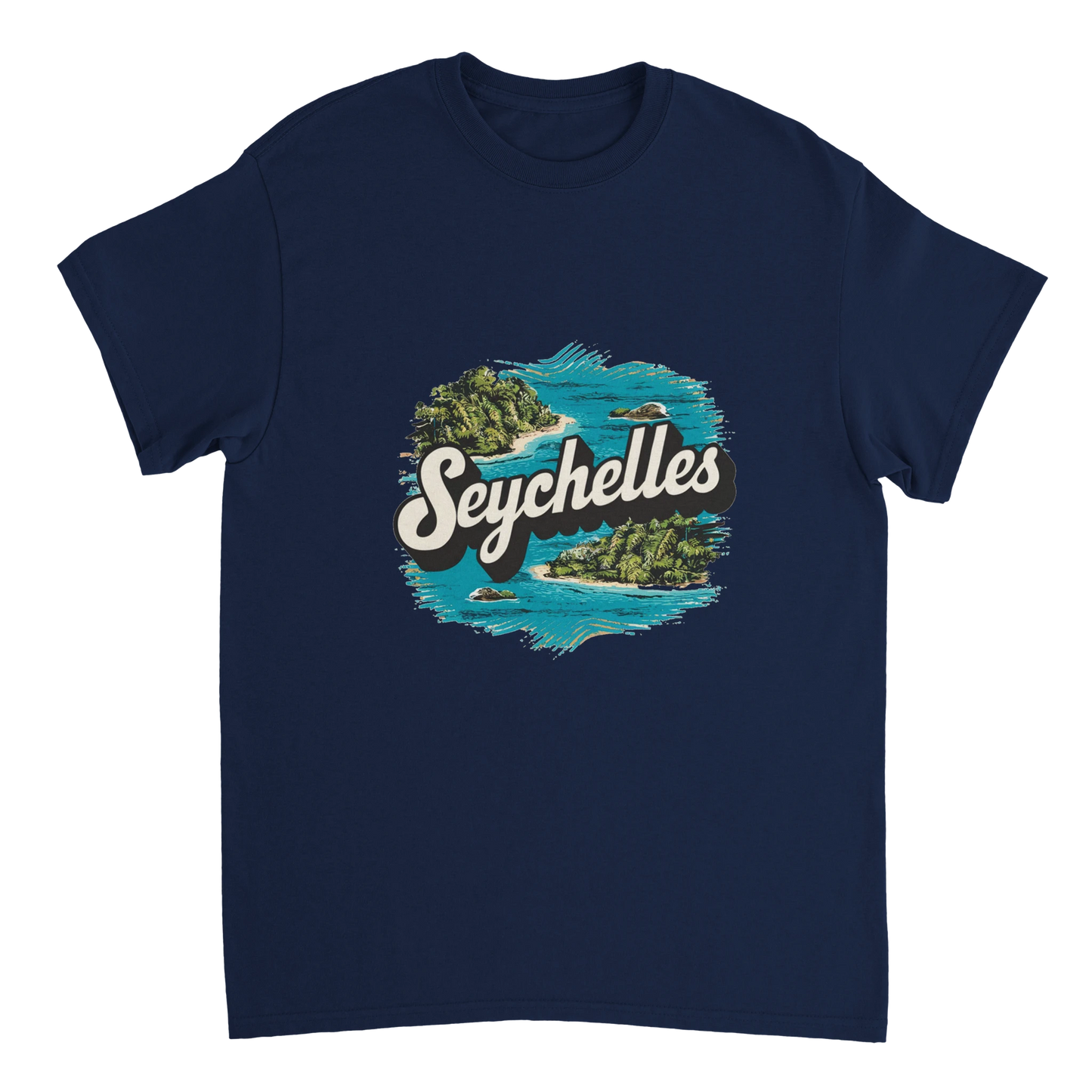 navy Seychelles Unisex Travel T-Shirt perfect for travelers and gift seekers