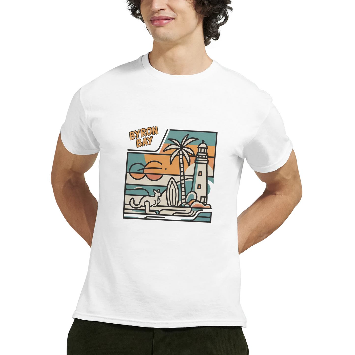 Byron Bay Australia Unisex Travel T-Shirt featuring a man perfect for travelers and gift seekers