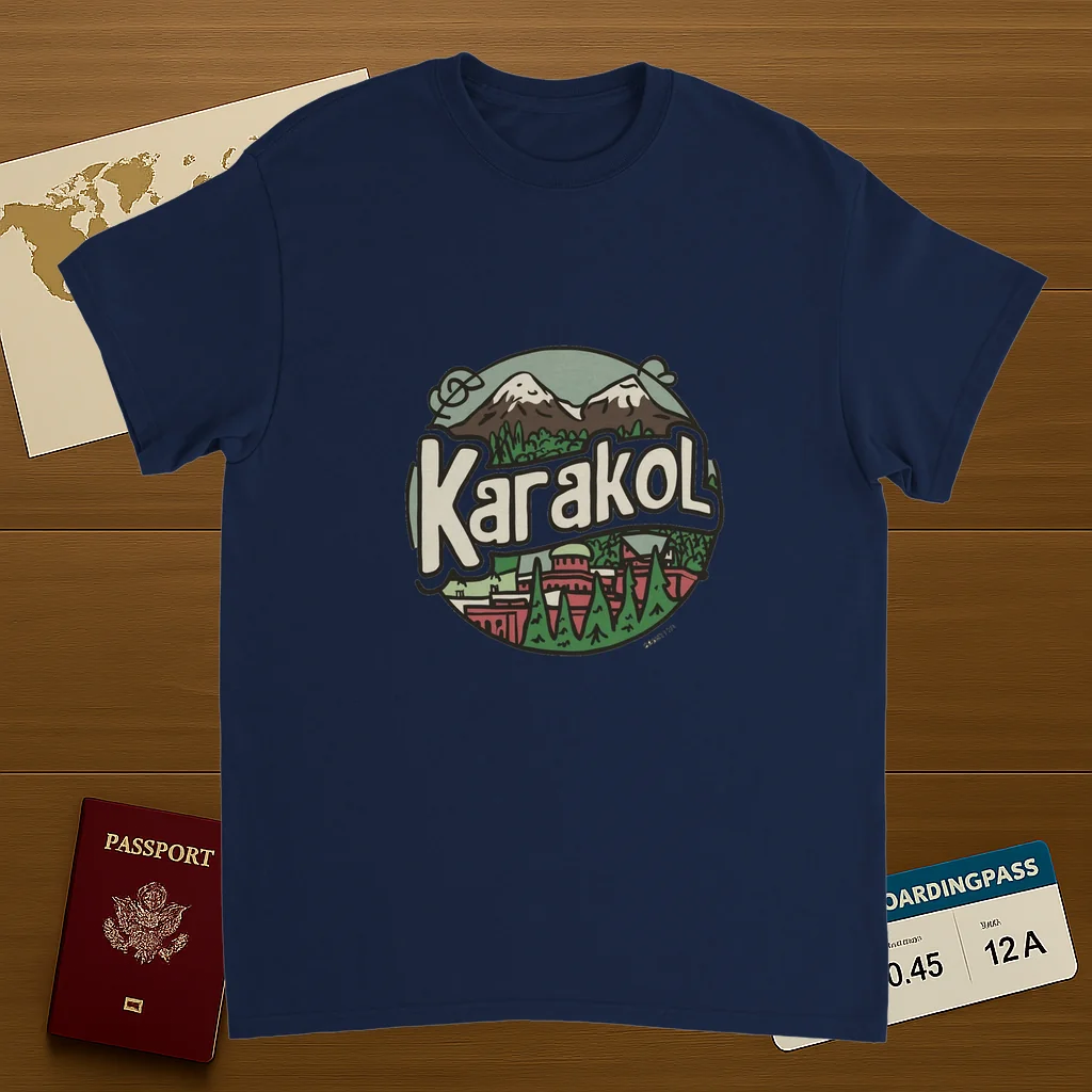 navy Karakol Kyrgyzstan Unisex Travel T-Shirt on wooden background with world map, passport, and boarding pass