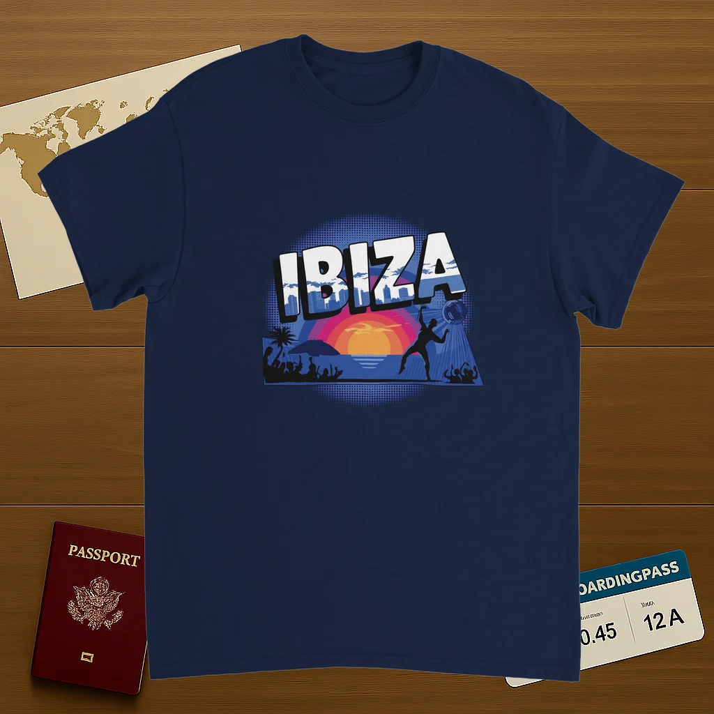 navy Ibiza Unisex Travel T-Shirt on wooden background with world map, passport, and boarding pass