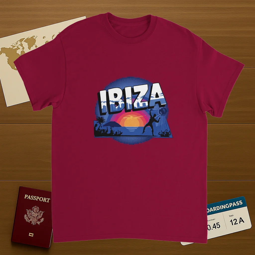 cardinal red Ibiza Unisex Travel T-Shirt on wooden background with world map, passport, and boarding pass