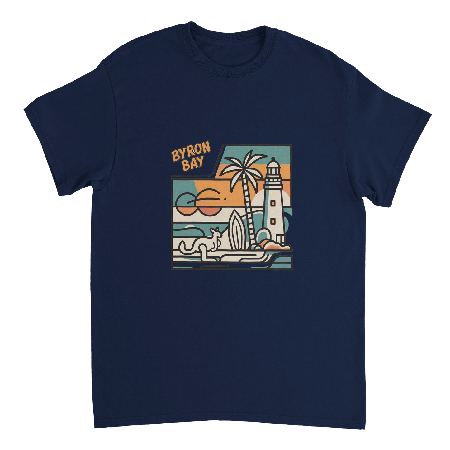 navy Byron Bay Australia Unisex Travel T-Shirt perfect for travelers and gift seekers