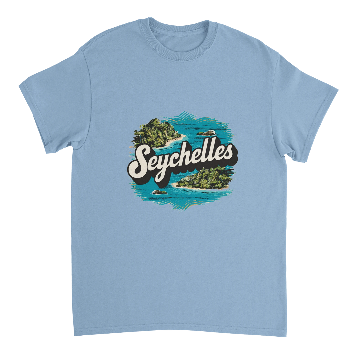 light blue Seychelles Unisex Travel T-Shirt perfect for travelers and gift seekers