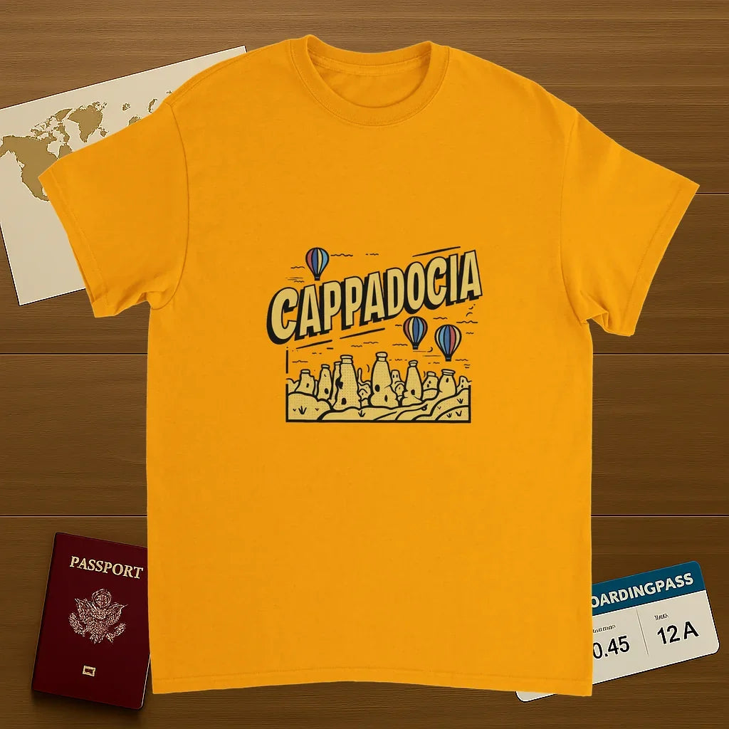 gold Cappadocia Turkey Unisex Travel T-Shirt on wooden background with world map, passport, and boarding pass