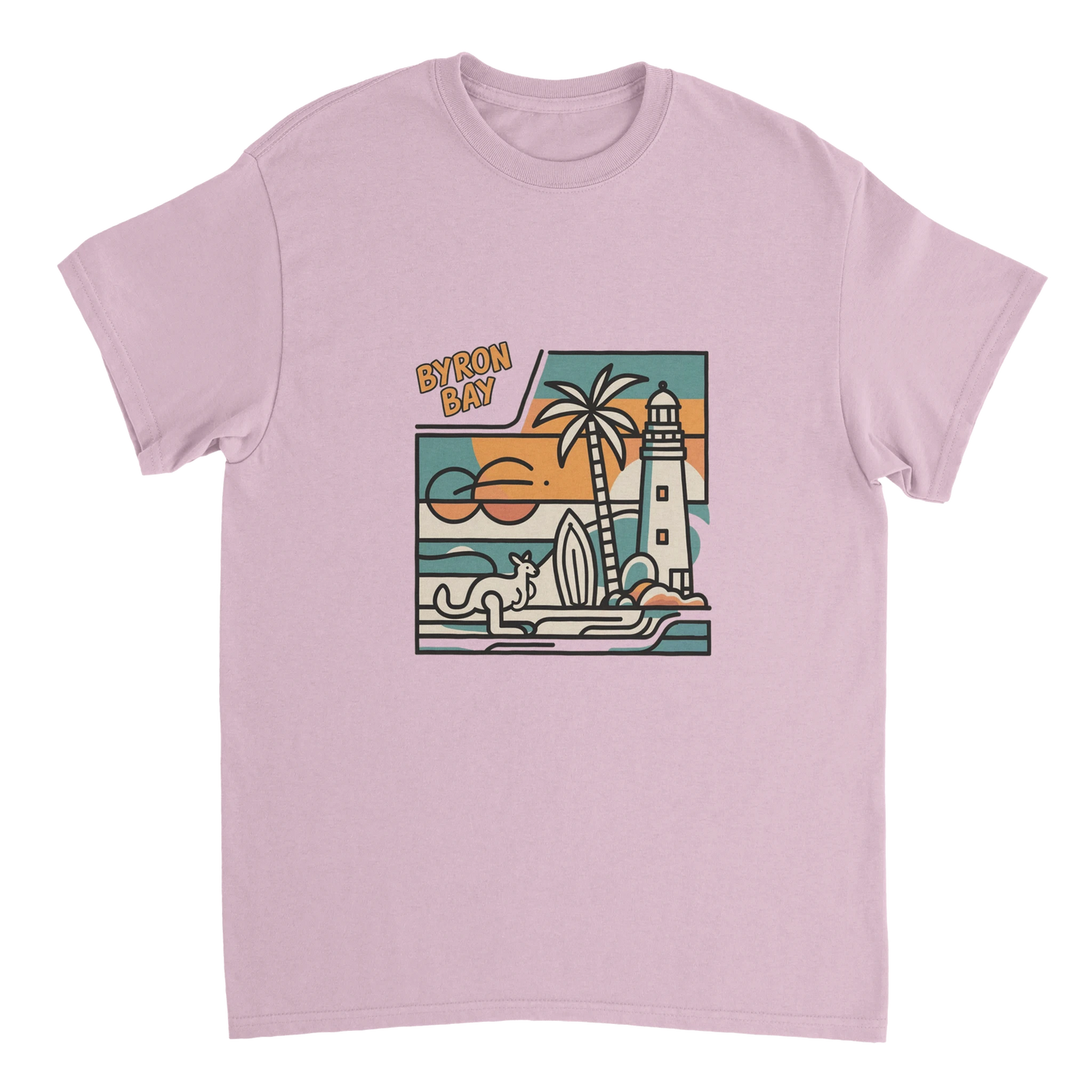 light pink Byron Bay Australia Unisex Travel T-Shirt perfect for travelers and gift seekers