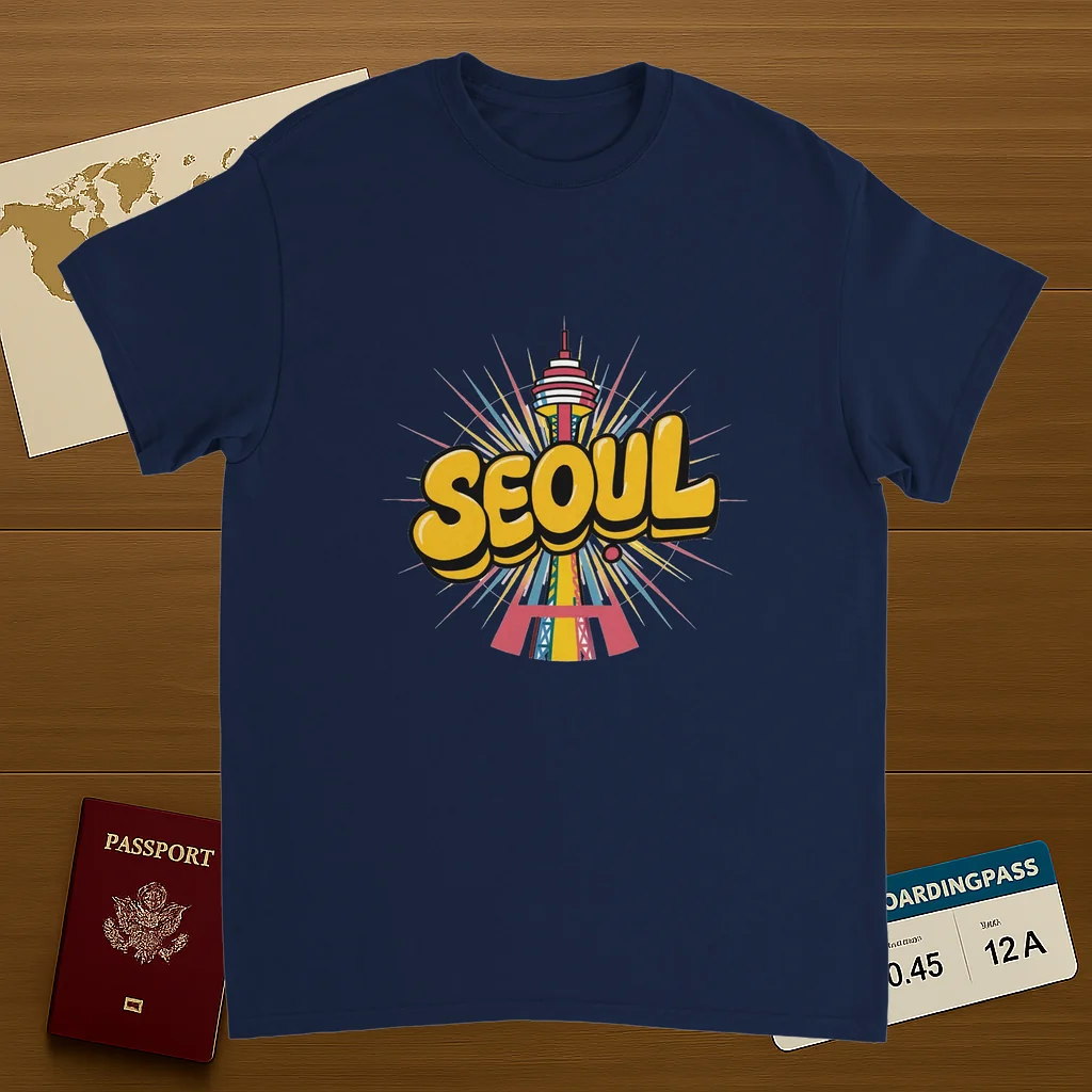 navy Seoul South Korea Unisex Travel T-Shirt on wooden background with world map, passport, and boarding pass