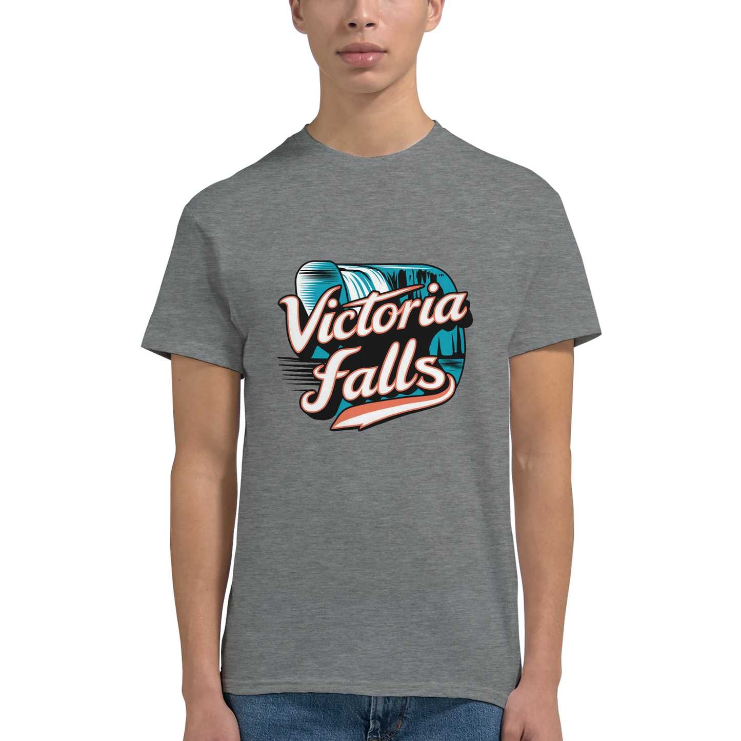 Victoria Falls Unisex Travel T-Shirt featuring a man perfect for travelers and gift seekers