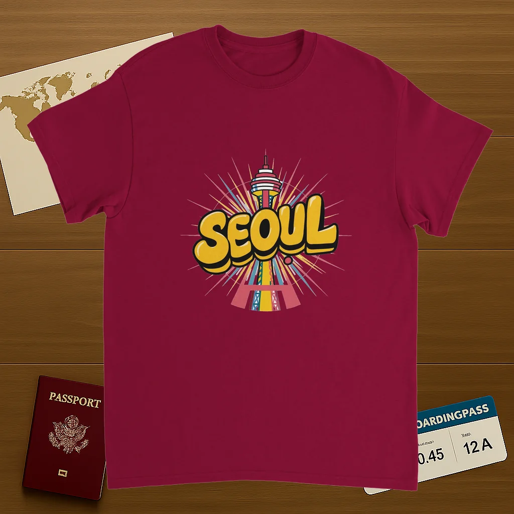 cardinal red Seoul South Korea Unisex Travel T-Shirt on wooden background with world map, passport, and boarding pass