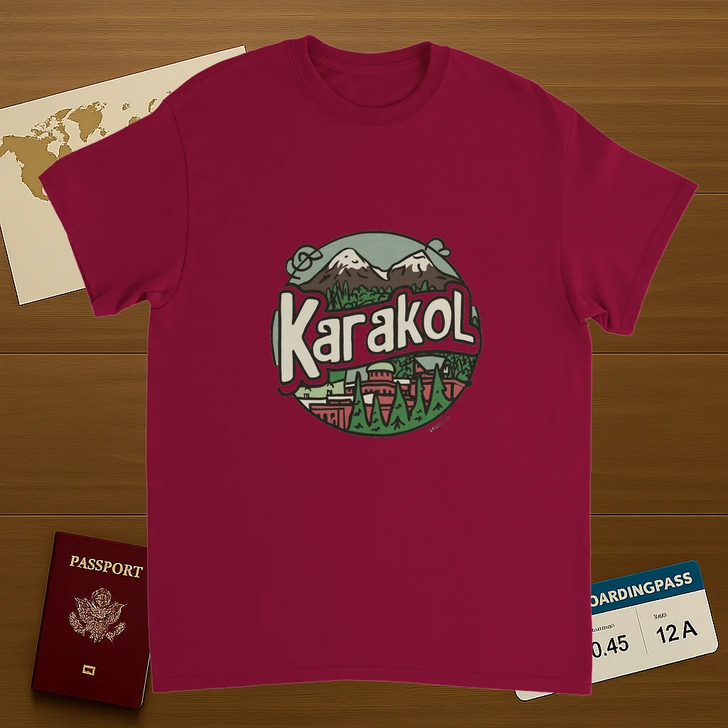 cardinal red Karakol Kyrgyzstan Unisex Travel T-Shirt on wooden background with world map, passport, and boarding pass