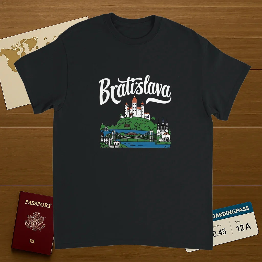 black Bratislava Slovakia Unisex Travel T-Shirt on wooden background with world map, passport, and boarding pass