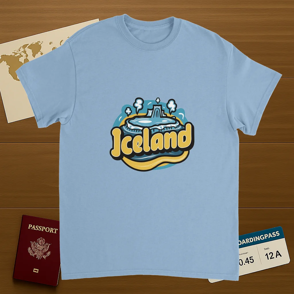 light blue Iceland Unisex Travel T-Shirt on wooden background with world map, passport, and boarding pass