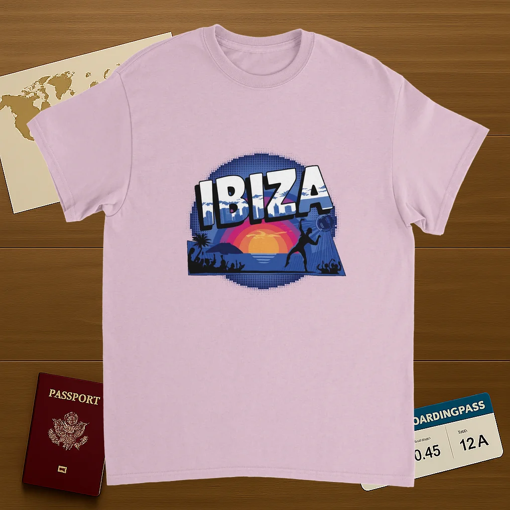 light pink Ibiza Unisex Travel T-Shirt on wooden background with world map, passport, and boarding pass