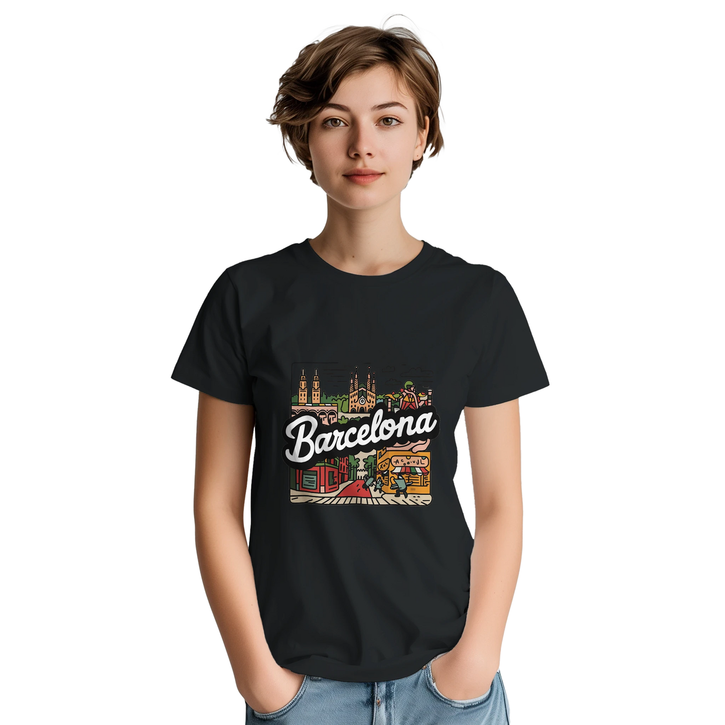 Barcelona Spain Unisex Travel T-Shirt featuring a person perfect for travelers and gift seekers