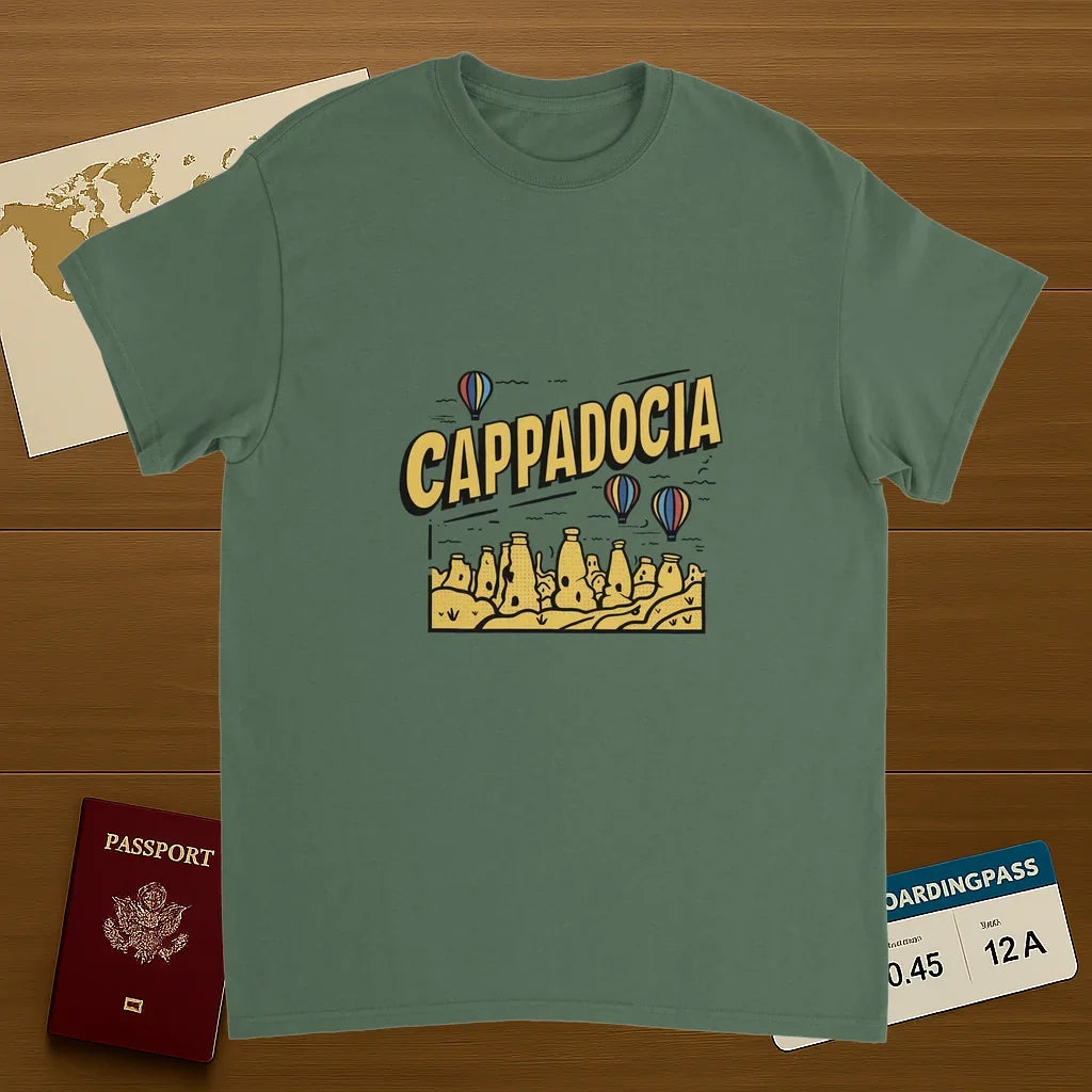 military green Cappadocia Turkey Unisex Travel T-Shirt on wooden background with world map, passport, and boarding pass