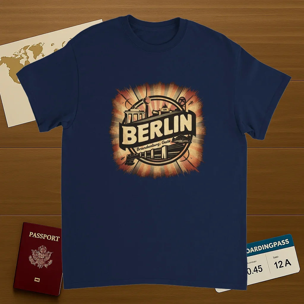 navy Berlin Germany Unisex Travel T-Shirt on wooden background with world map, passport, and boarding pass