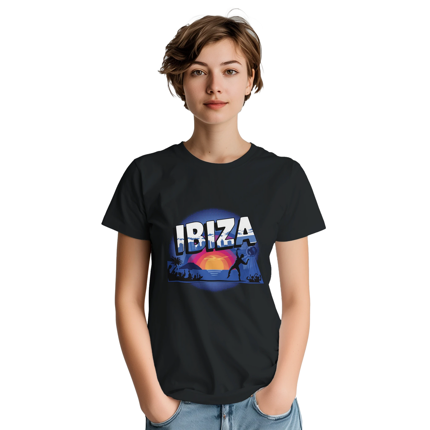 Ibiza Unisex Travel T-Shirt on wooden background with world map, passport, and boarding pass