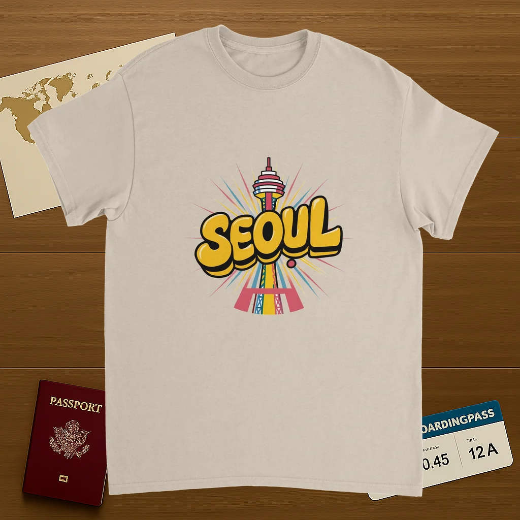 Seoul South Korea Unisex Travel T-Shirt on wooden background with world map, passport, and boarding pass