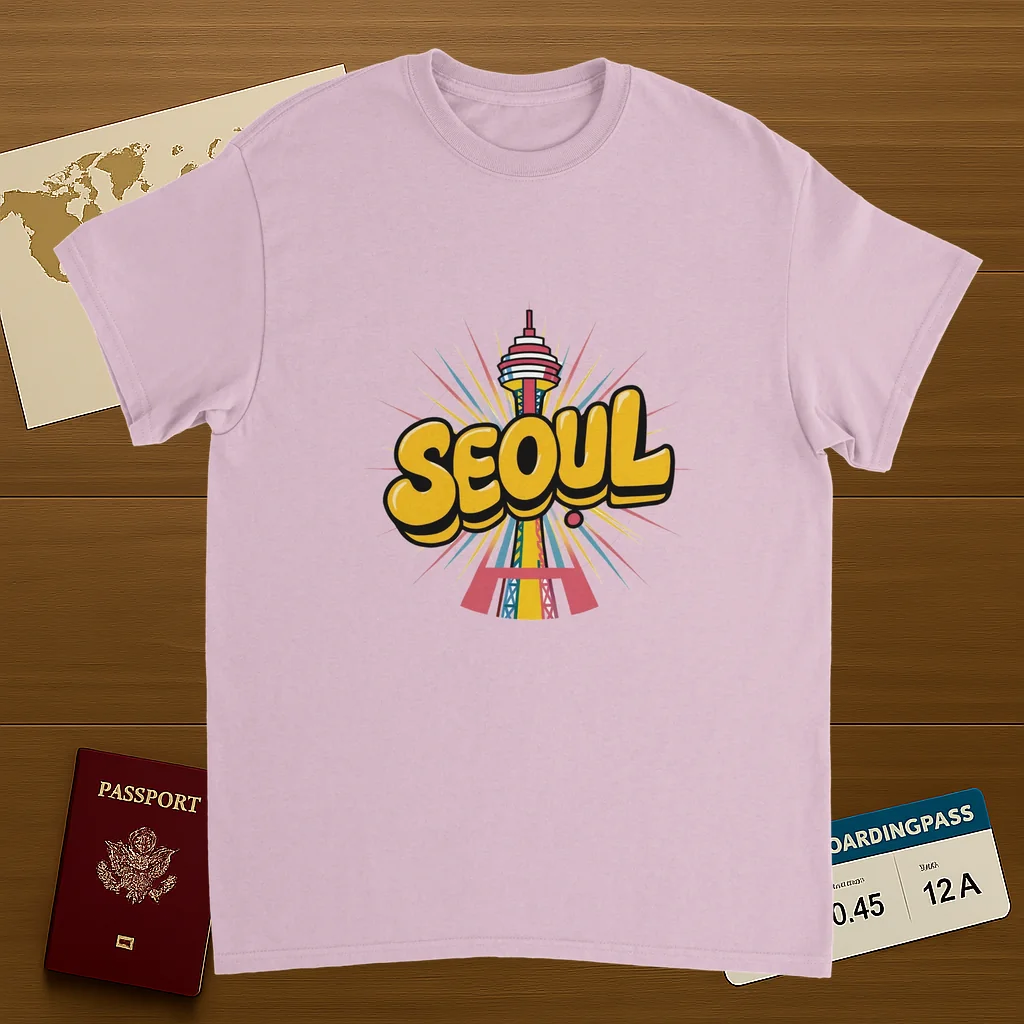 light pink Seoul South Korea Unisex Travel T-Shirt on wooden background with world map, passport, and boarding pass