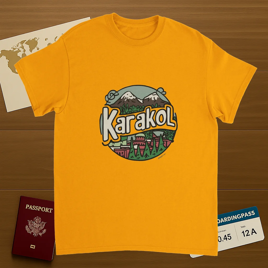 gold Karakol Kyrgyzstan Unisex Travel T-Shirt on wooden background with world map, passport, and boarding pass
