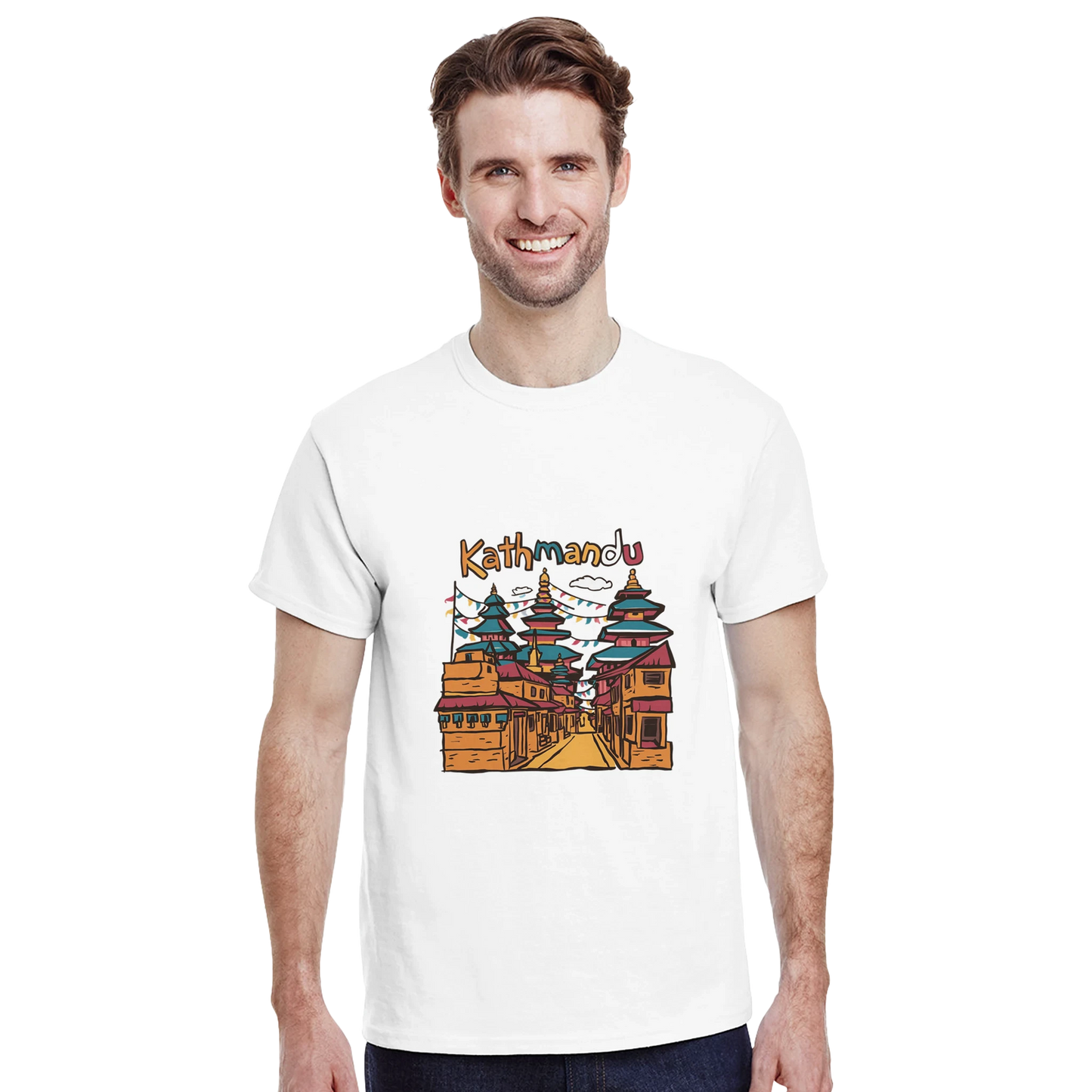 Kathmandu Nepal Unisex Travel T-Shirt featuring a man perfect for travelers and gift seekers