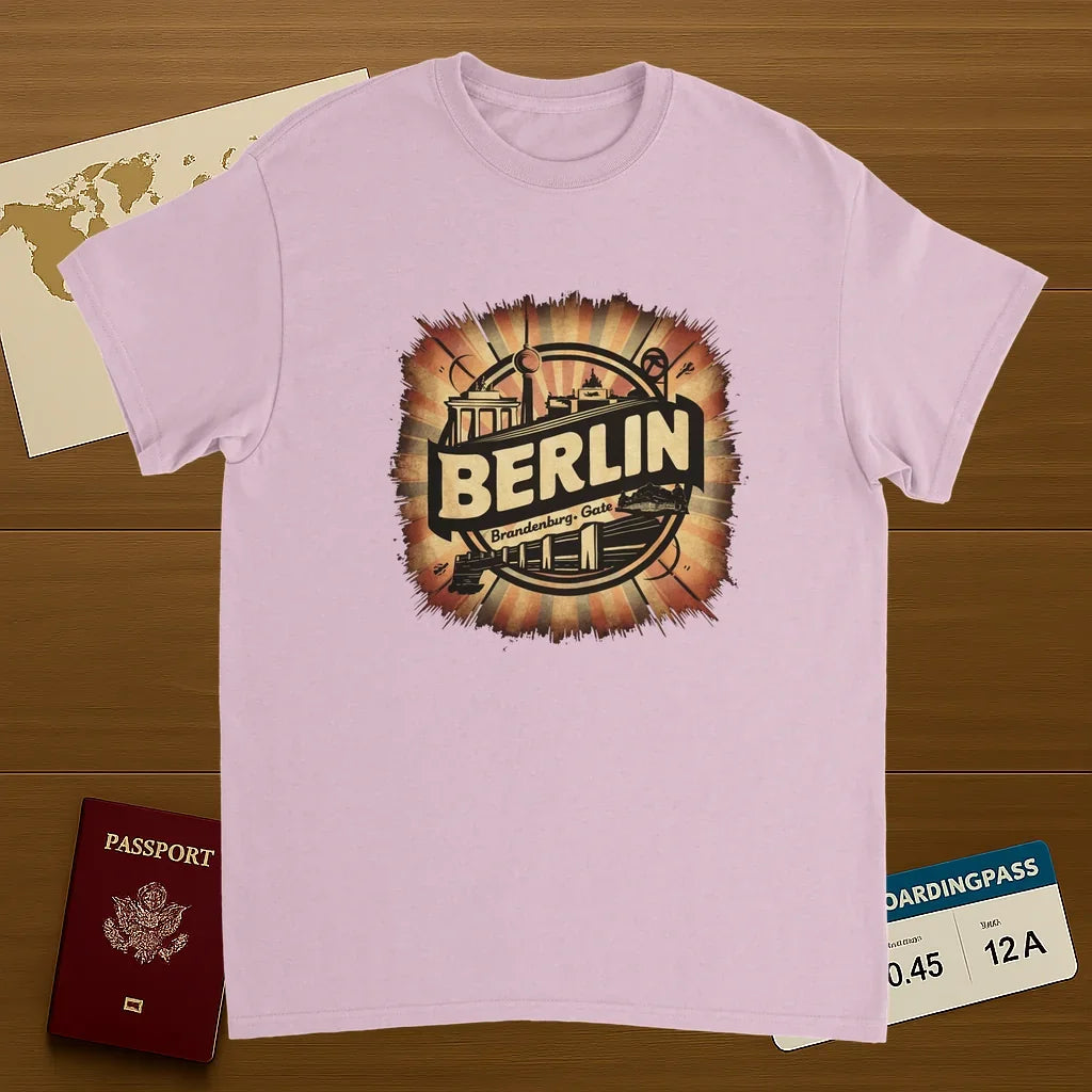light pink Berlin Germany Unisex Travel T-Shirt on wooden background with world map, passport, and boarding pass