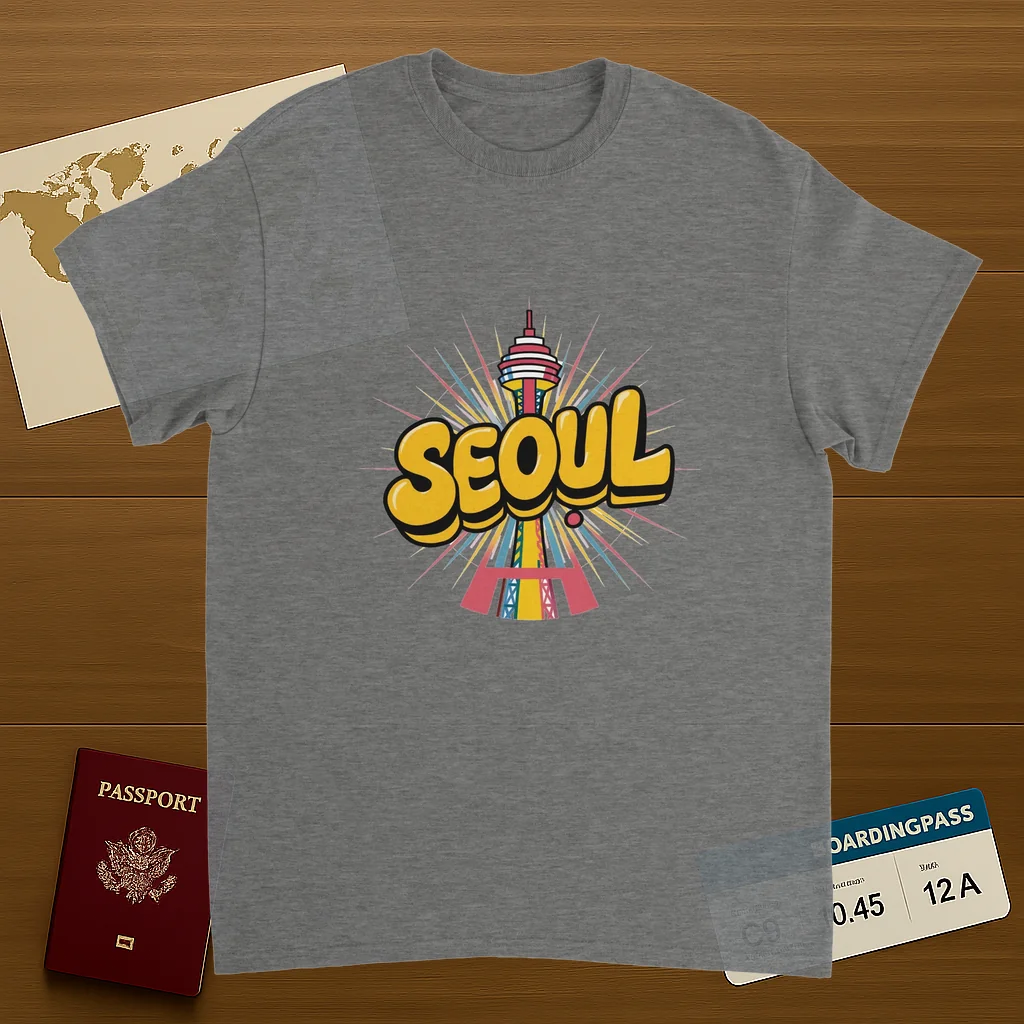 sport grey Seoul South Korea Unisex Travel T-Shirt on wooden background with world map, passport, and boarding pass