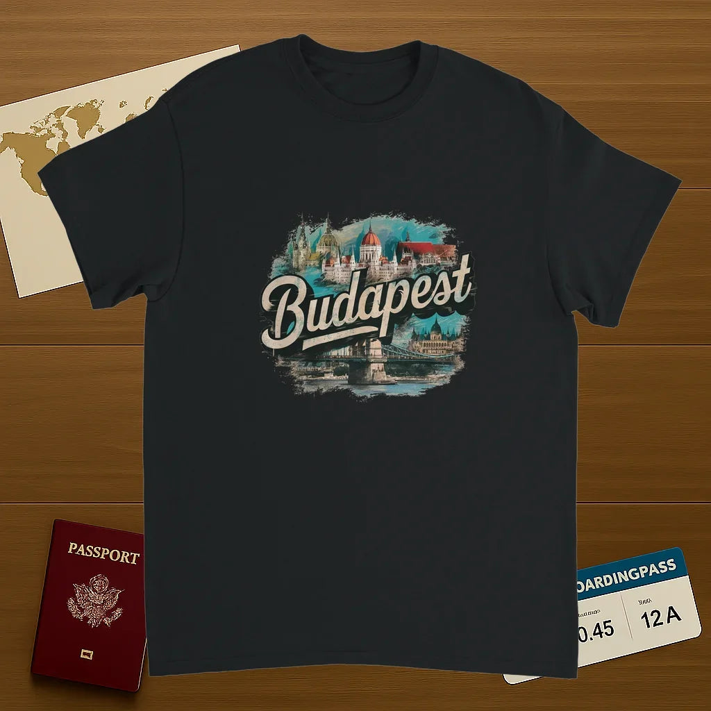 black Budapest Hungary Unisex Travel T-Shirt on wooden background with world map, passport, and boarding pass