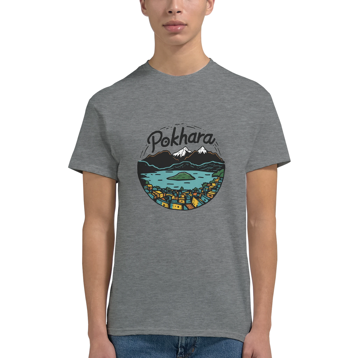 Pokhara Nepal Unisex Travel T-Shirt featuring a man perfect for travelers and gift seekers