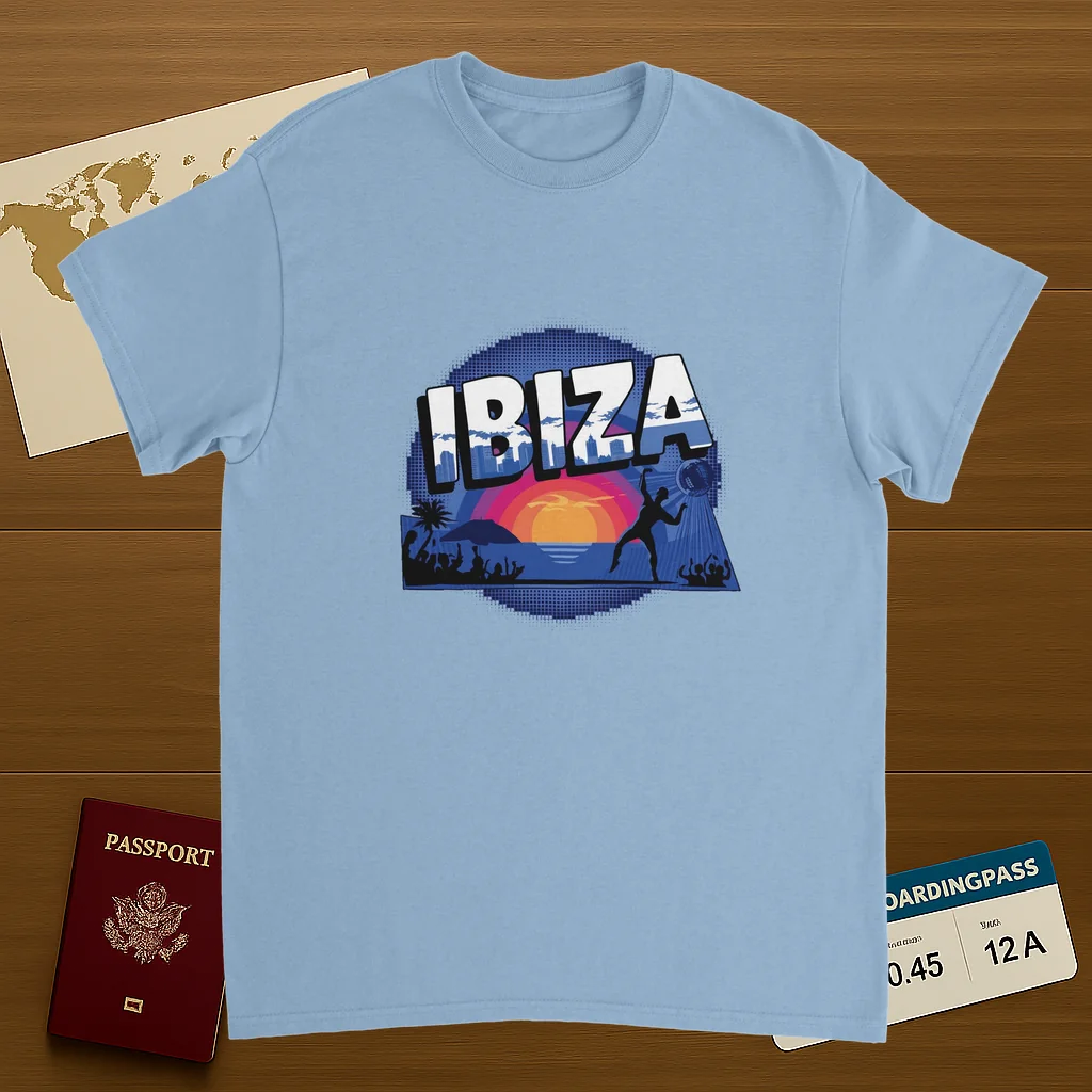 light blue Ibiza Unisex Travel T-Shirt on wooden background with world map, passport, and boarding pass