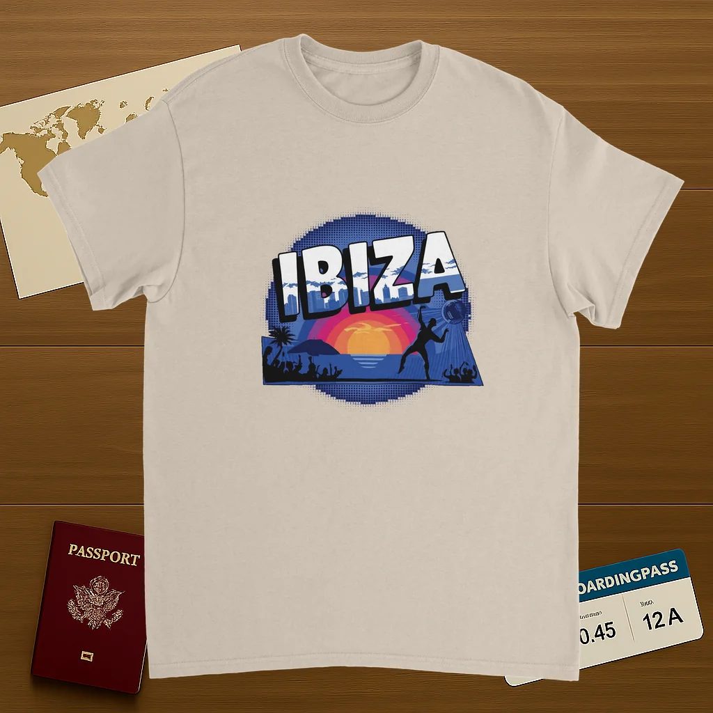 Ibiza Unisex Travel T-Shirt on wooden background with world map, passport, and boarding pass