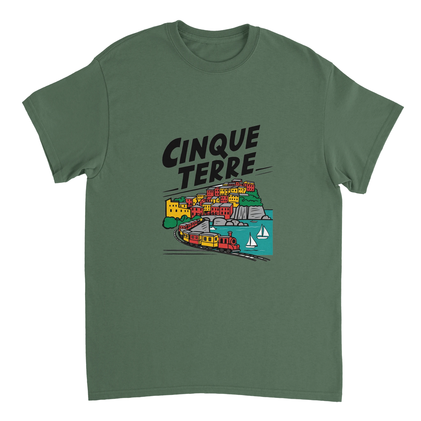 military green Cinque Terre Italy Unisex Travel T-Shirt perfect for travelers and gift seekers
