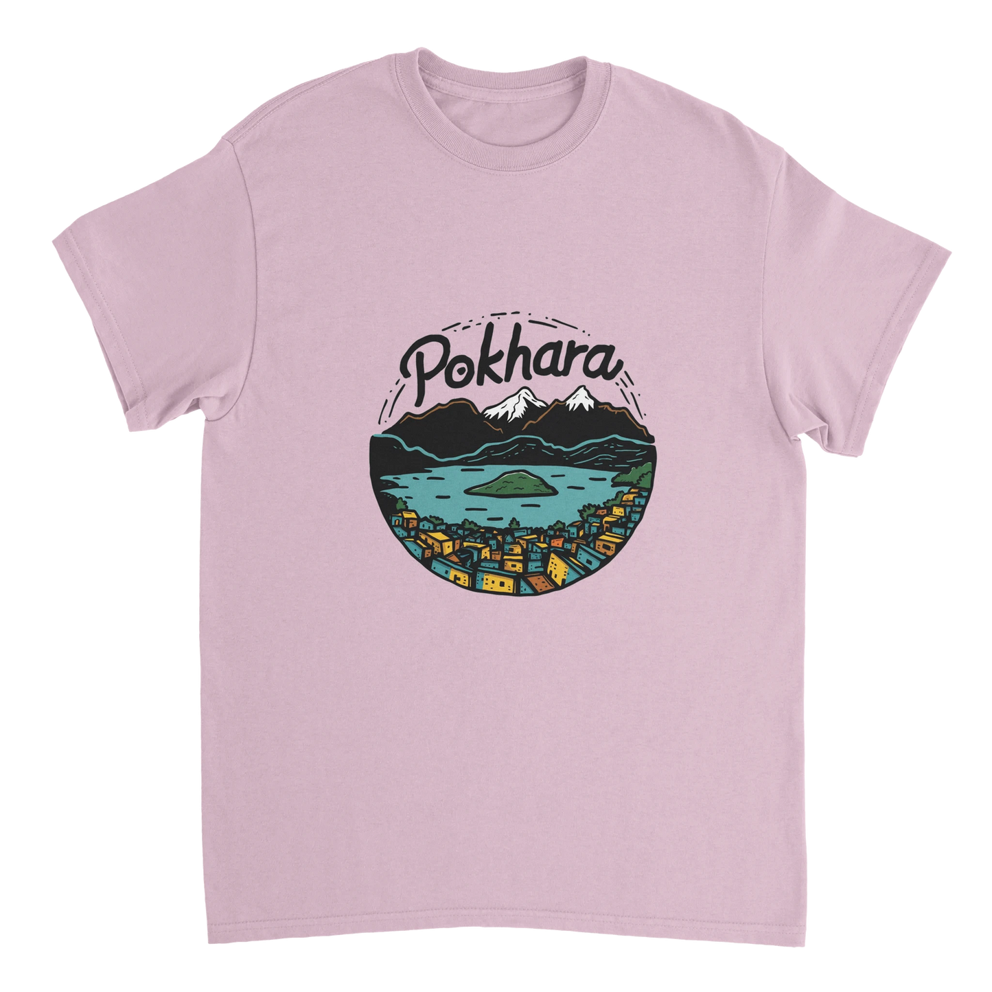 light pink Pokhara Nepal Unisex Travel T-Shirt perfect for travelers and gift seekers