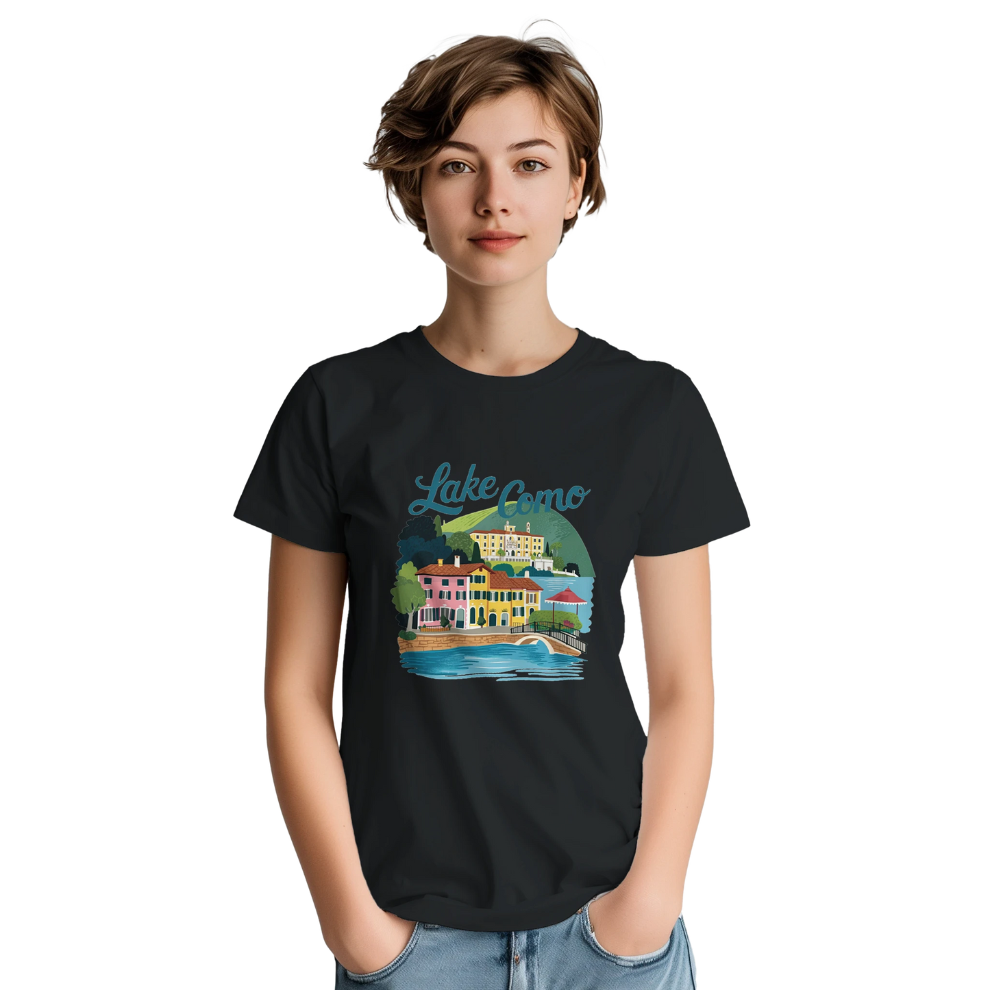 Lake Como Italy Unisex Travel T-Shirt featuring a person from the front perfect for travelers and gift seekers
