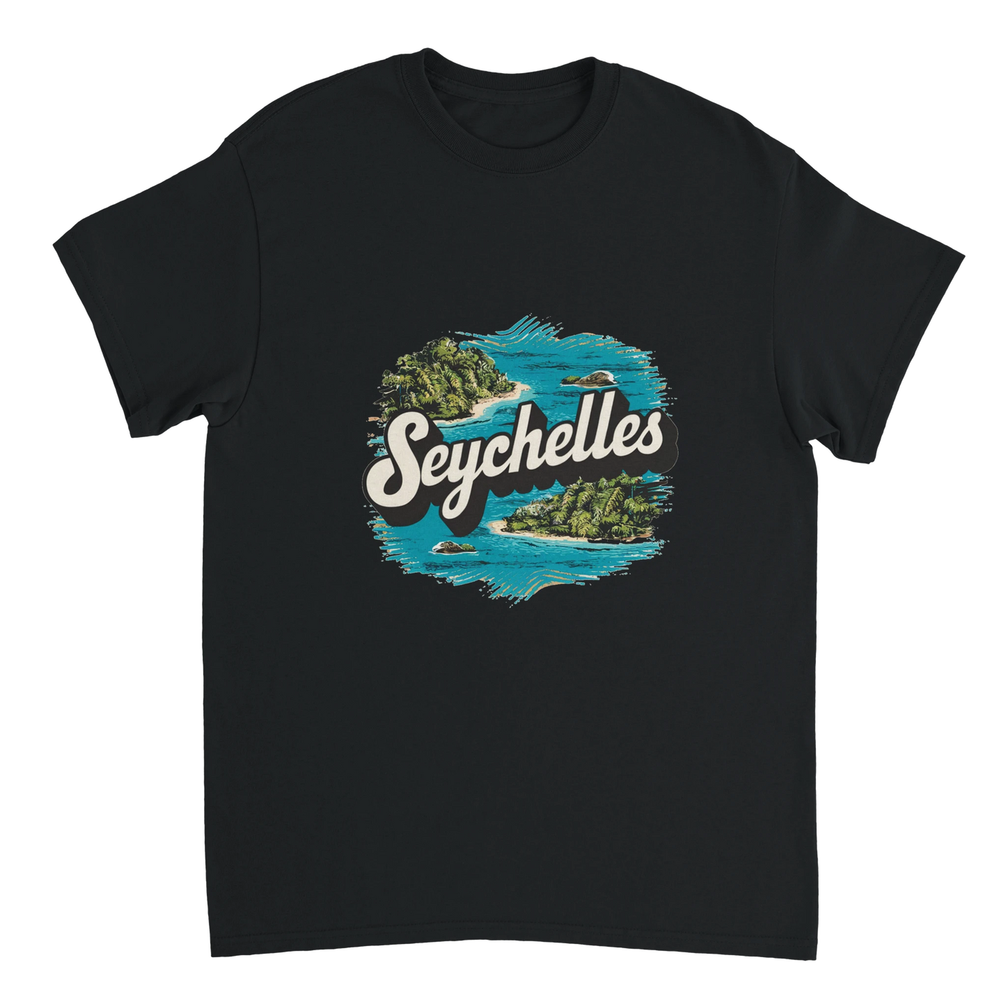 black Seychelles Unisex Travel T-Shirt perfect for travelers and gift seekers