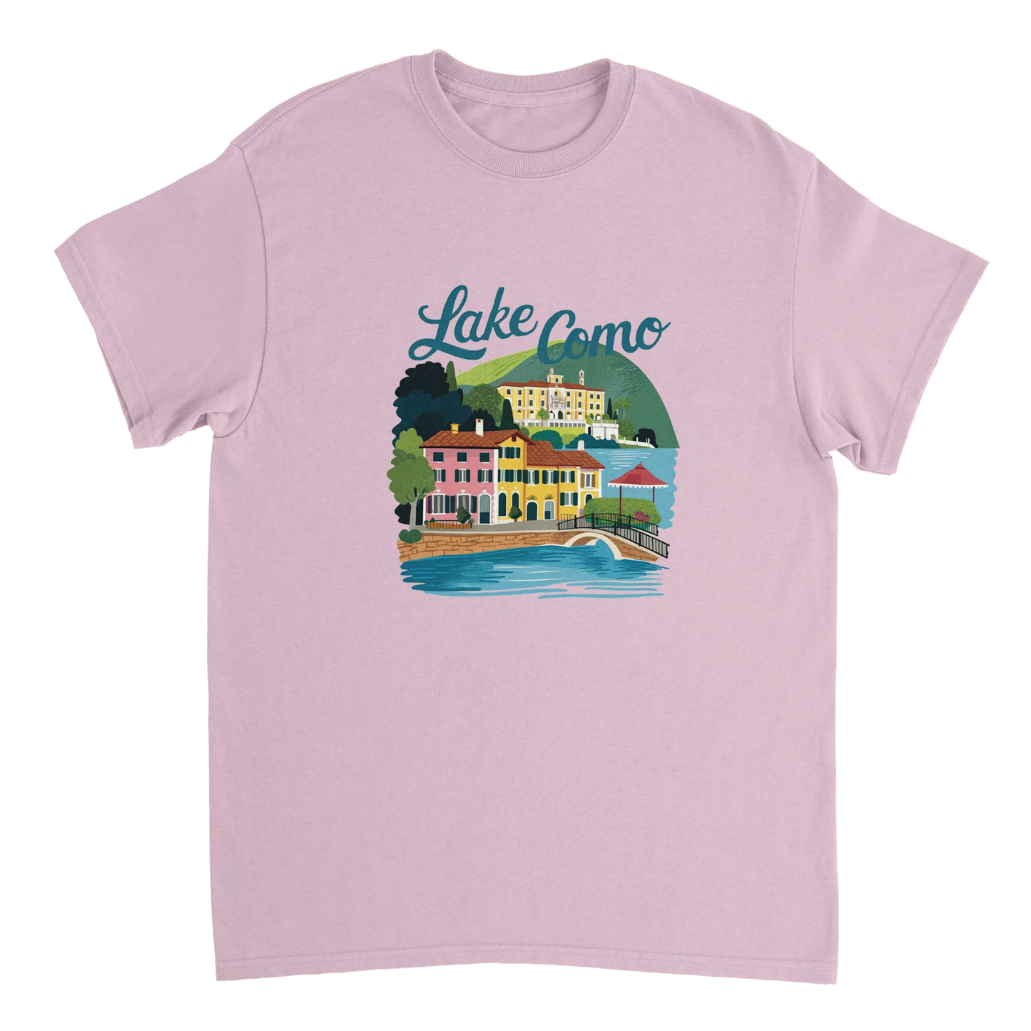 light pink Lake Como Italy Unisex Travel T-Shirt perfect for travelers and gift seekers