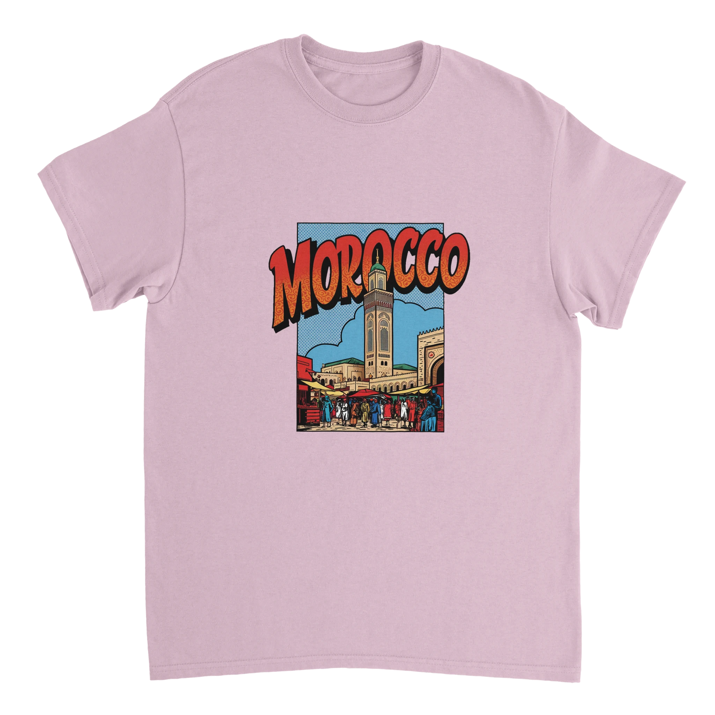 light pink Morocco Unisex Travel T-Shirt perfect for travelers and gift seekers