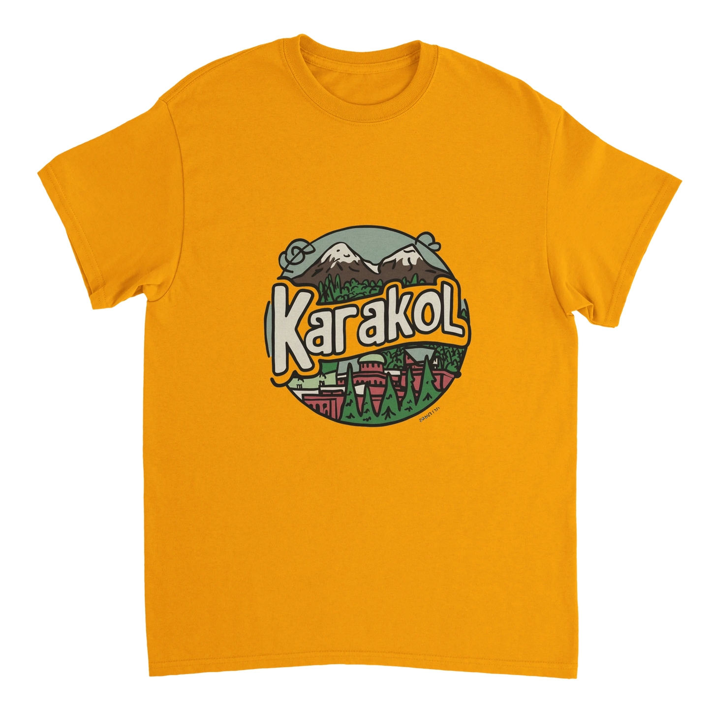 gold Karakol Kyrgyzstan Unisex Travel T-Shirt perfect for travelers and gift seekers