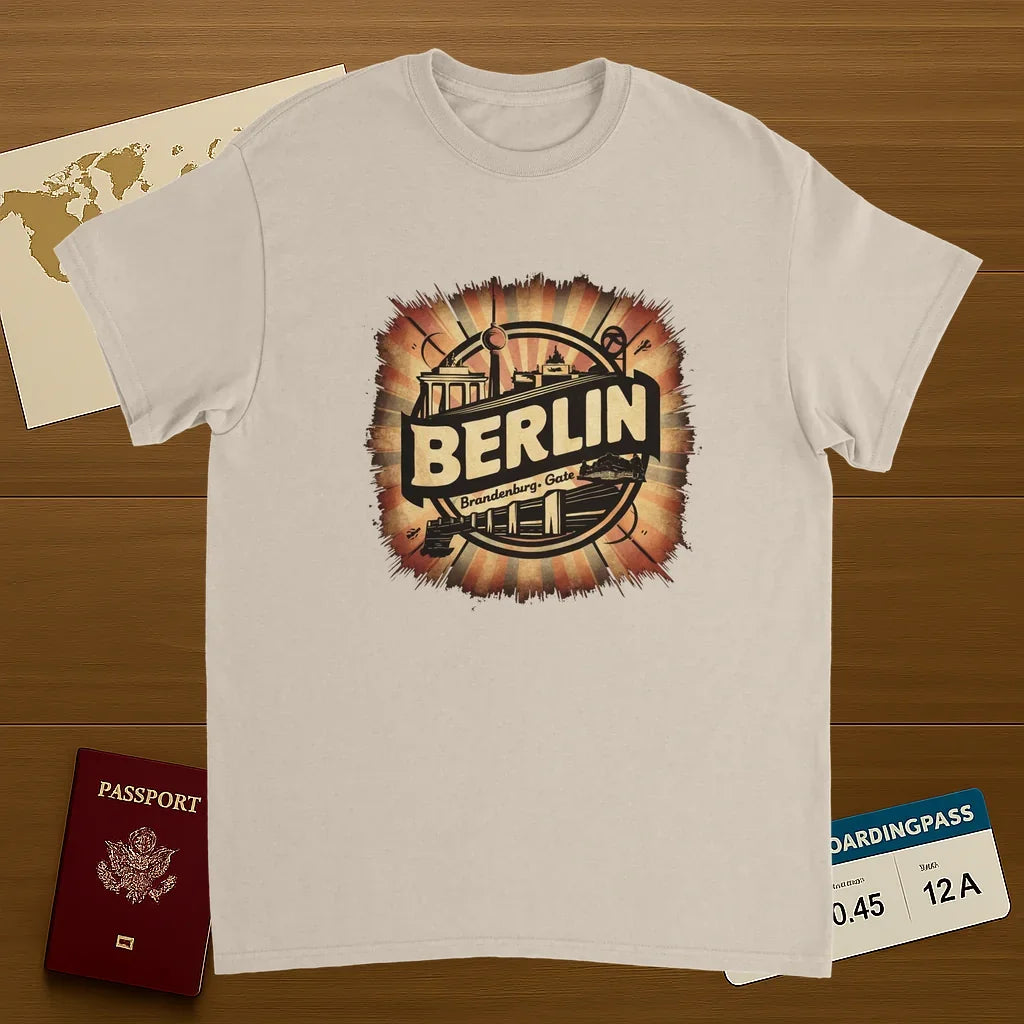 Berlin Germany Unisex Travel T-Shirt on wooden background with world map, passport, and boarding pass