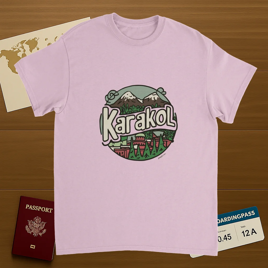 light pink Karakol Kyrgyzstan Unisex Travel T-Shirt on wooden background with world map, passport, and boarding pass