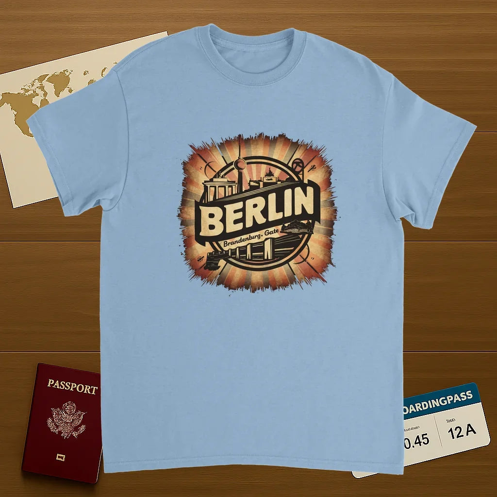 light blue Berlin Germany Unisex Travel T-Shirt on wooden background with world map, passport, and boarding pass