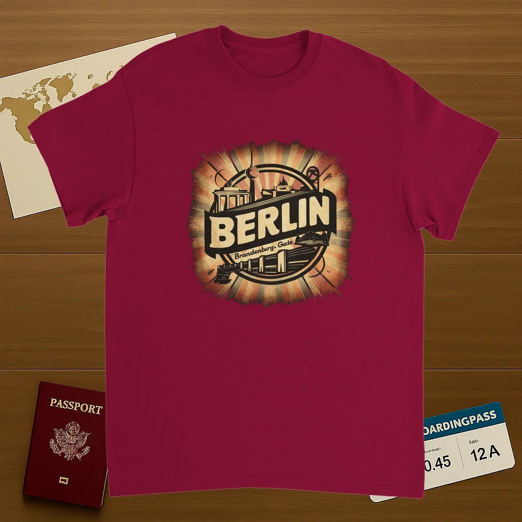 cardinal red Berlin Germany Unisex Travel T-Shirt on wooden background with world map, passport, and boarding pass