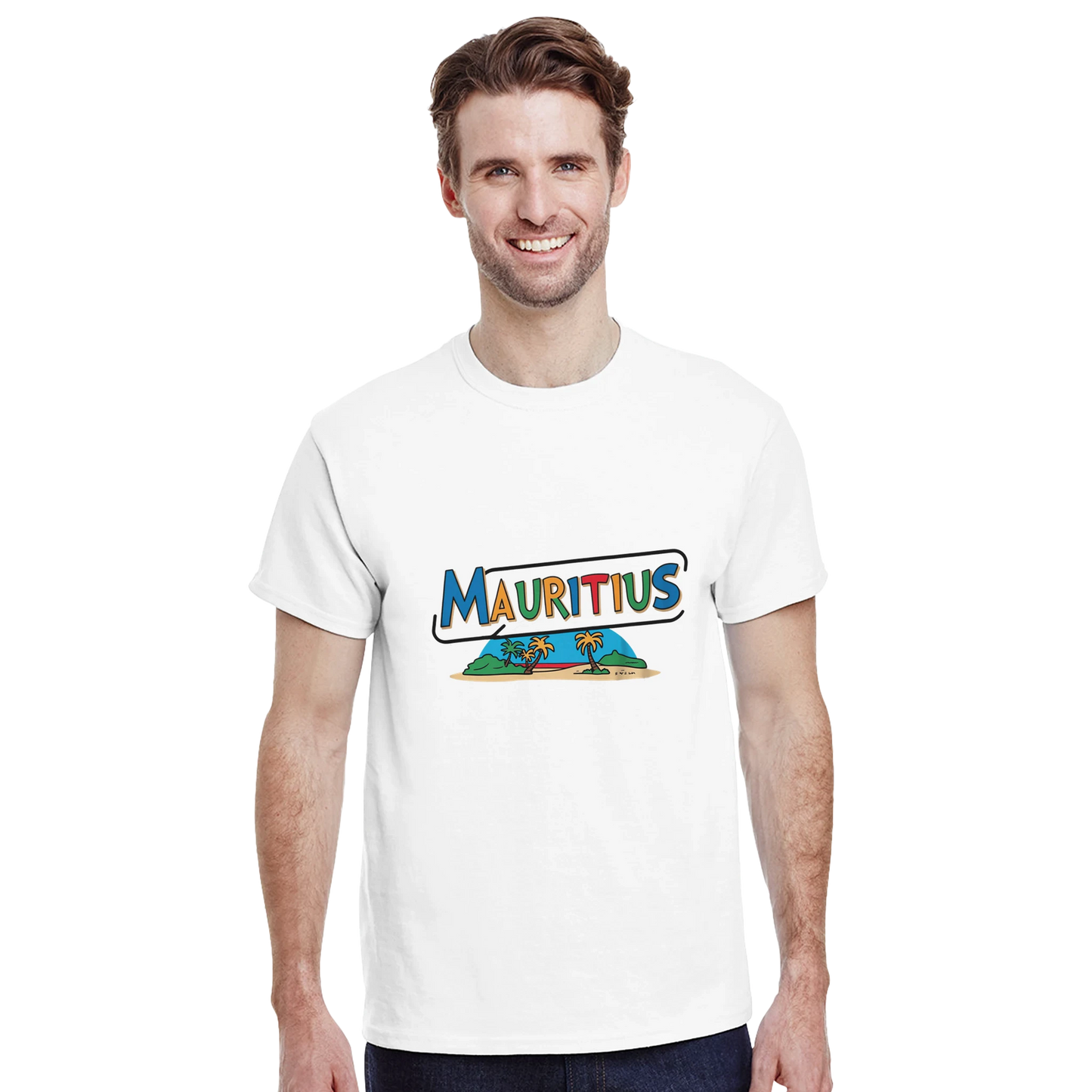 Mauritius Unisex Travel T-Shirt featuring a man perfect for travelers and gift seekers