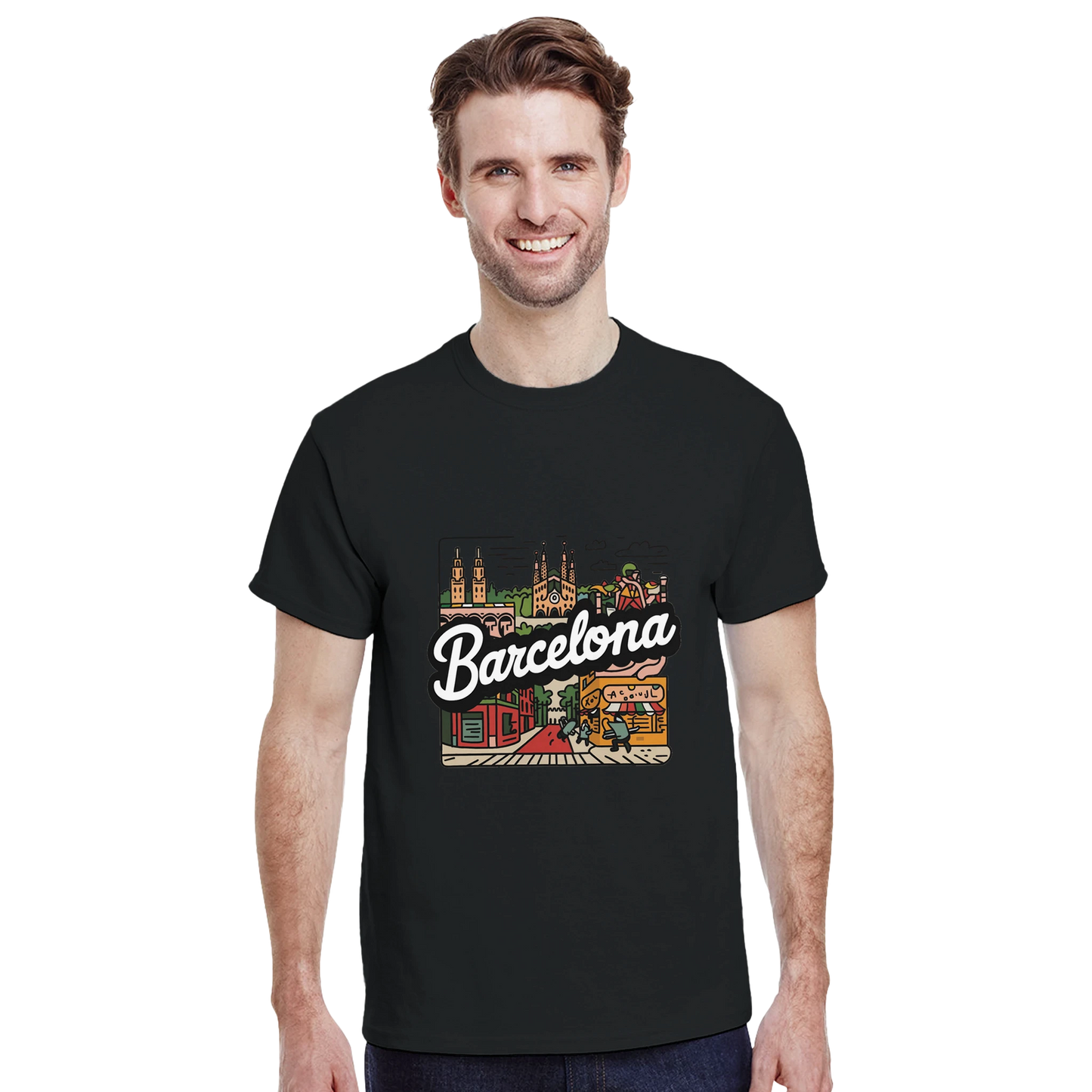 Barcelona Spain Unisex Travel T-Shirt featuring a man perfect for travelers and gift seekers