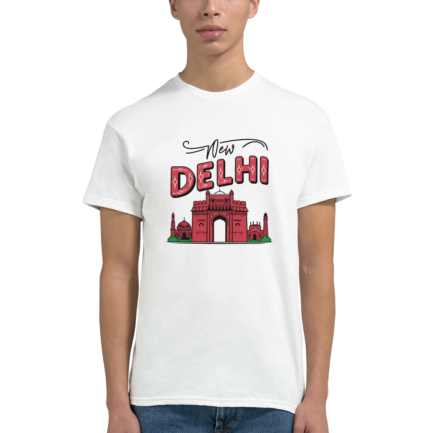 New Delhi India Unisex Travel T-Shirt featuring a man perfect for travelers and gift seekers