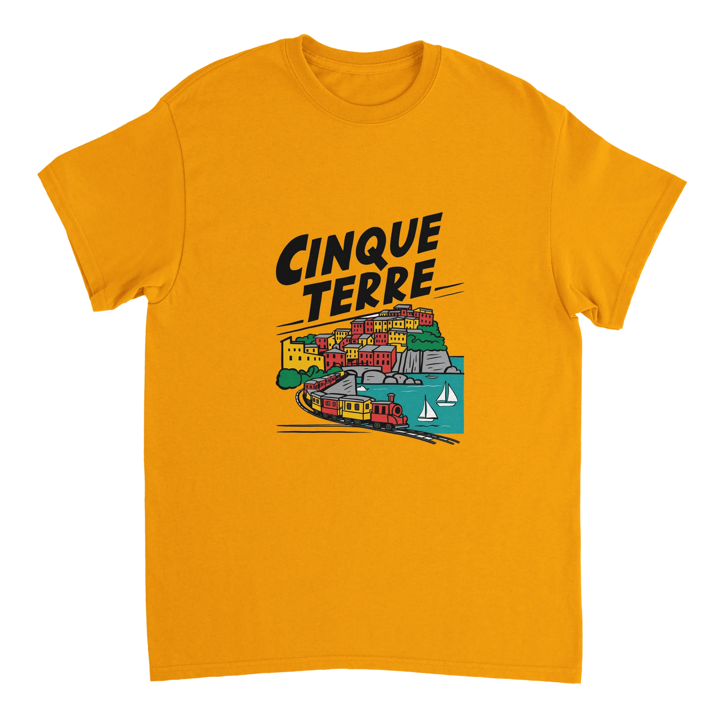 gold Cinque Terre Italy Unisex Travel T-Shirt perfect for travelers and gift seekers