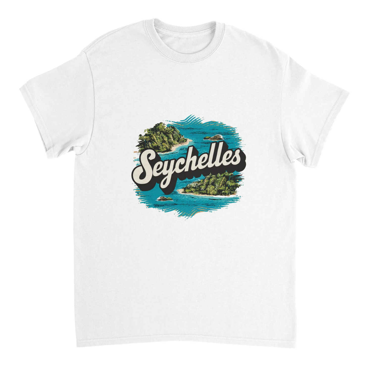 white Seychelles Unisex Travel T-Shirt perfect for travelers and gift seekers